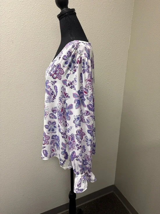 LOFT XL Purple White Floral Blouse Button Front Long Sleeve Boho Chic Top - Picture 4 of 9